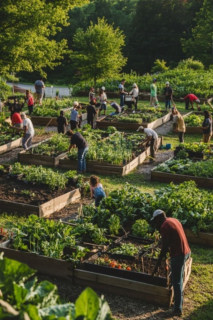 Community members working together in a large food garden of raised beds