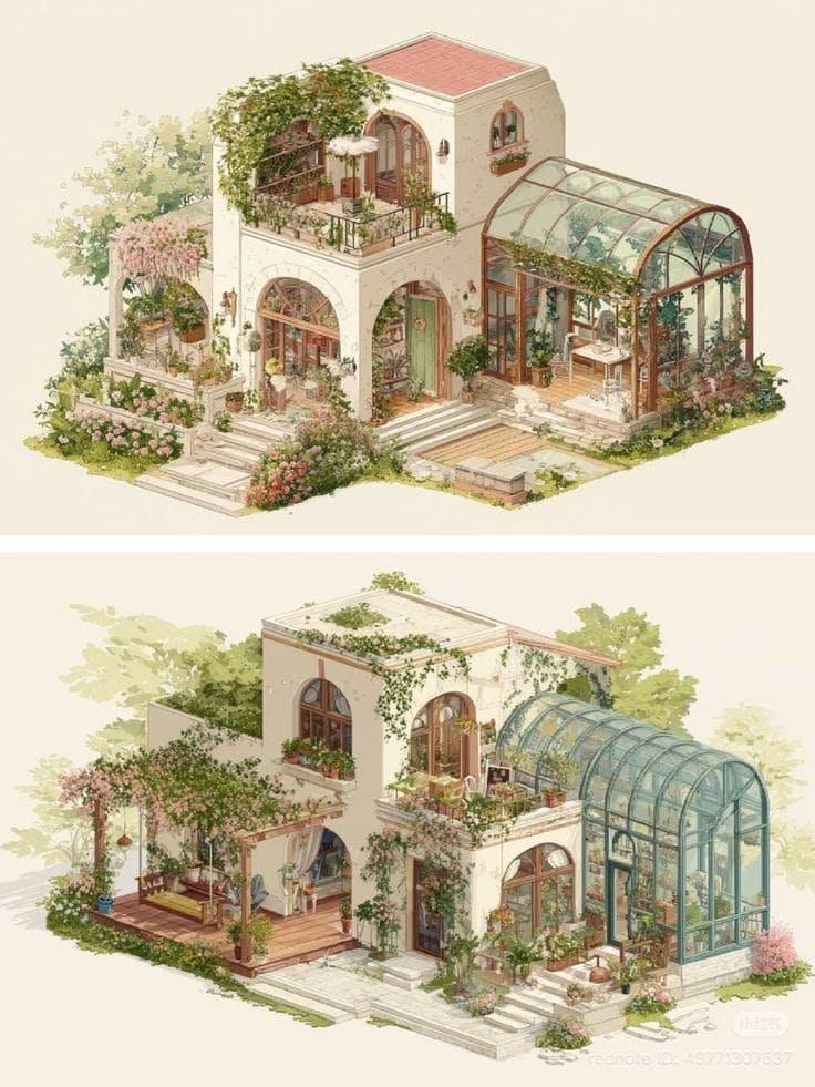 Illustration of a home wrapped in climbing plants, rooftop gardens and a glass greenhouse