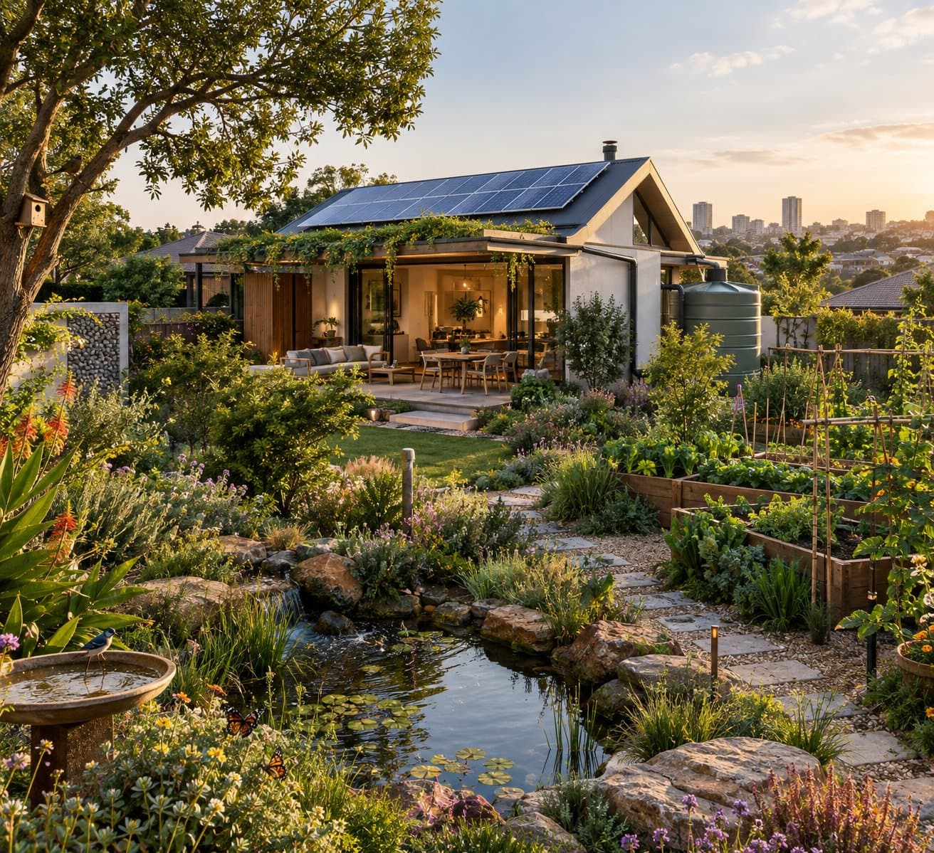 A solar-powered home at sunset surrounded by an indigenous garden, vegetable beds, a pond and a bird bath