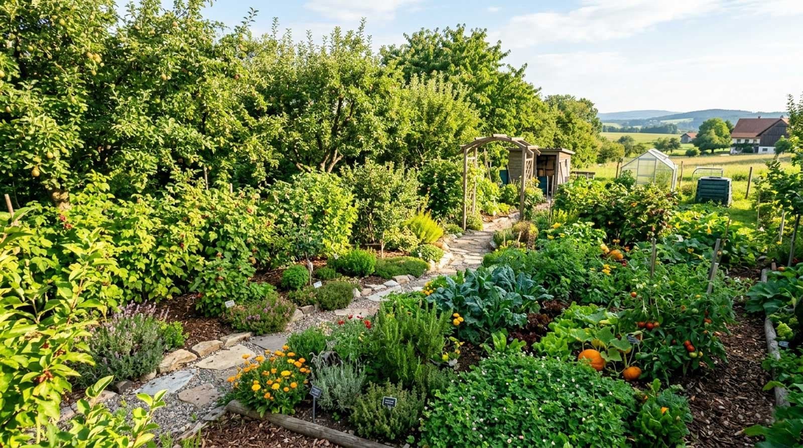 A lush home vegetable garden with flowers along a stone path